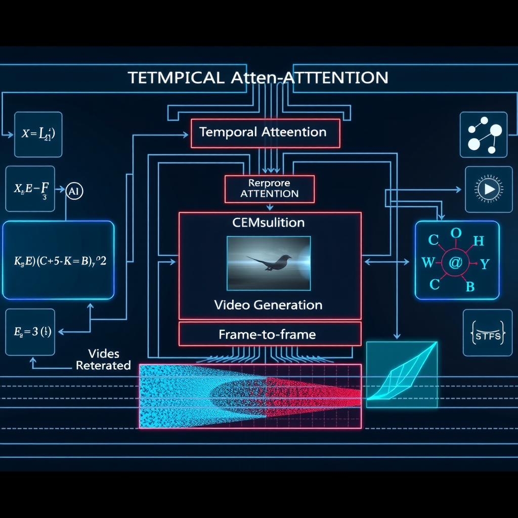 Complex technical diagram showing temporal attention mechanisms in video generation architecture with mathematical formulas, neural network layers, and frame-to-frame coherence visualization with blue and cyan color scheme