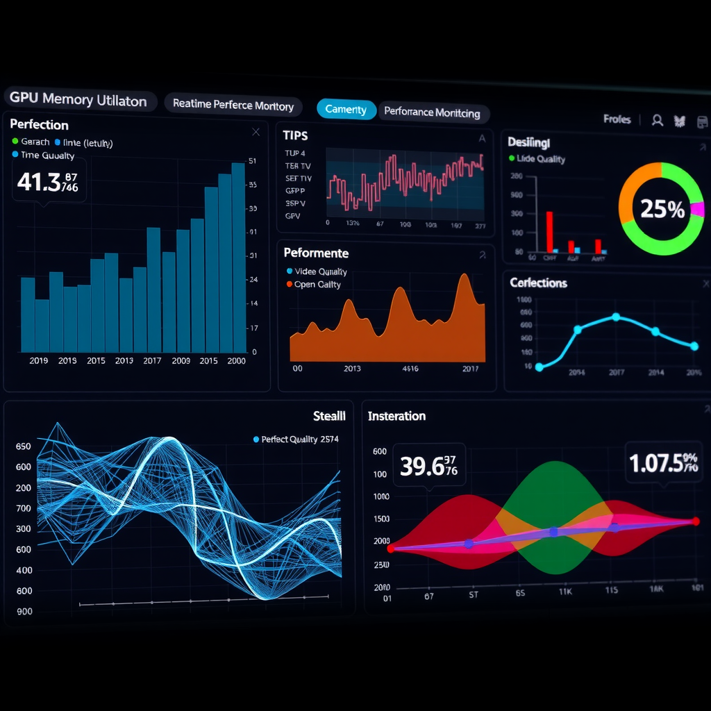 Advanced computational dashboard showing GPU memory utilization graphs, batch processing metrics, and real-time performance monitoring for video generation workflows with neural network architecture visualization