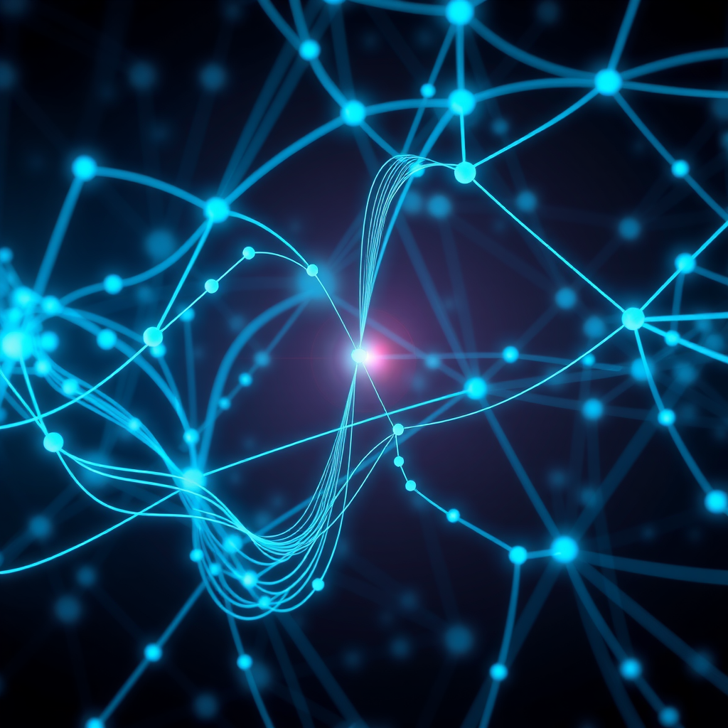 Abstract visualization of temporal attention mechanisms in video generation showing interconnected neural network nodes with flowing data streams representing frame-to-frame consistency, featuring mathematical formulas and gradient flows in cyan and blue tones