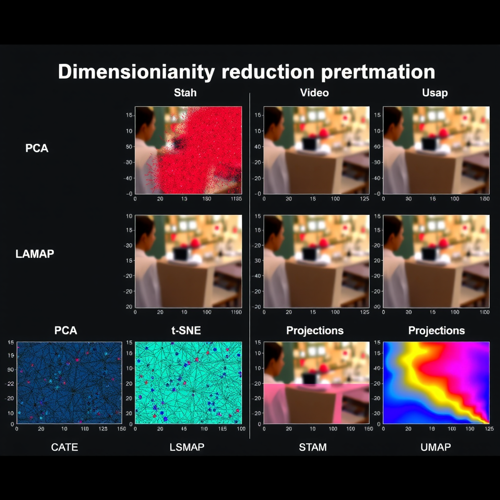 Comparison chart showing different dimensionality reduction techniques including PCA, t-SNE, and UMAP applied to video latent representations, with scatter plots and projection visualizations