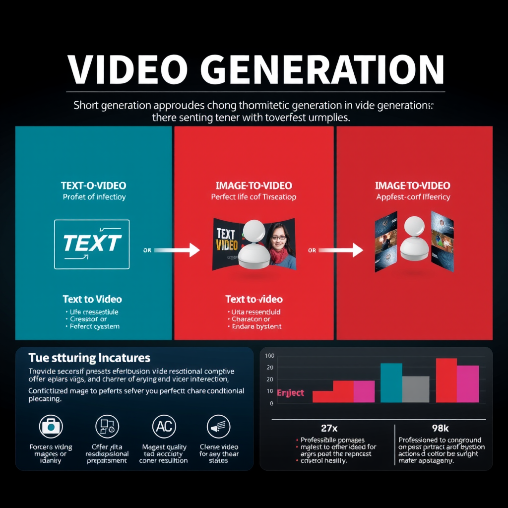 Infographic showing different conditioning approaches in video generation including text-to-video, image-to-video, and hybrid methods with architectural diagrams, data flow arrows, and comparison charts in futuristic tech style
