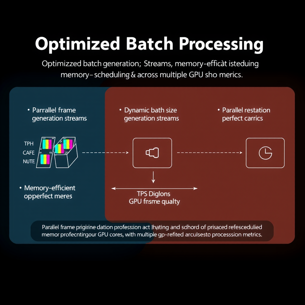 Visualization of optimized batch processing pipeline showing parallel frame generation streams, dynamic batch size adjustment, and memory-efficient scheduling across multiple GPU cores with throughput metrics