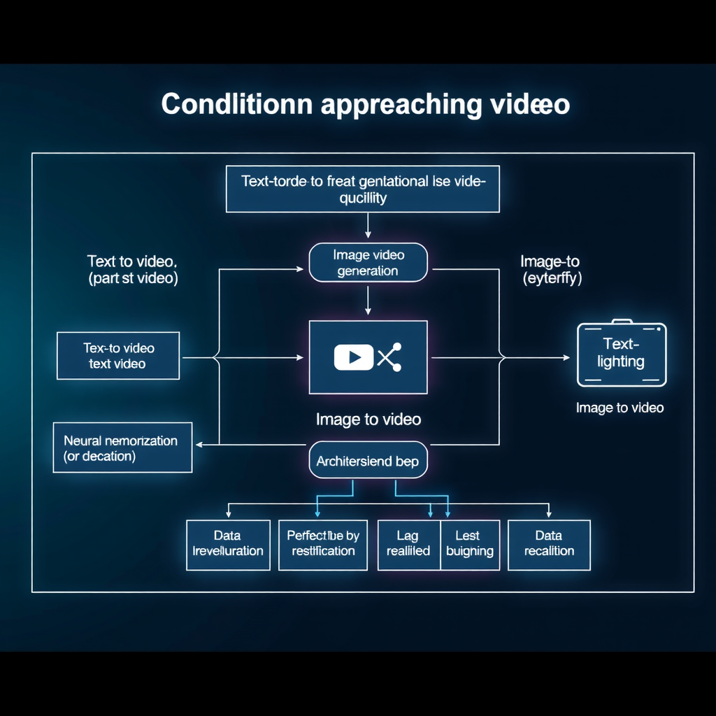 Technical diagram showing various conditioning approaches in video generation systems including text-to-video and image-to-video pathways with architectural flowcharts, neural network layers, and data transformation pipelines in bright cyan and white