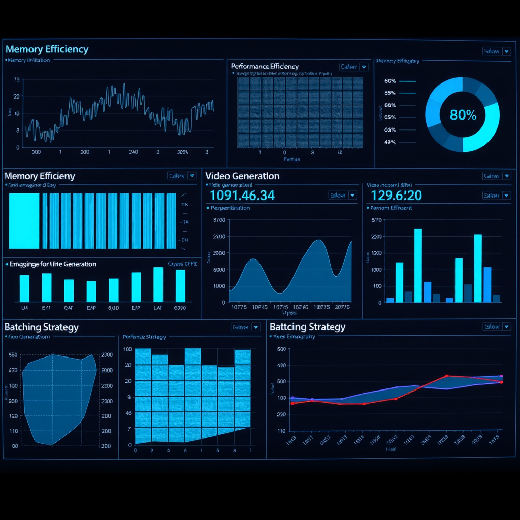 Technical dashboard showing computational efficiency metrics, memory optimization graphs, GPU utilization charts, batching strategy diagrams, and performance benchmarks for video generation workflows with cyan and blue data visualizations