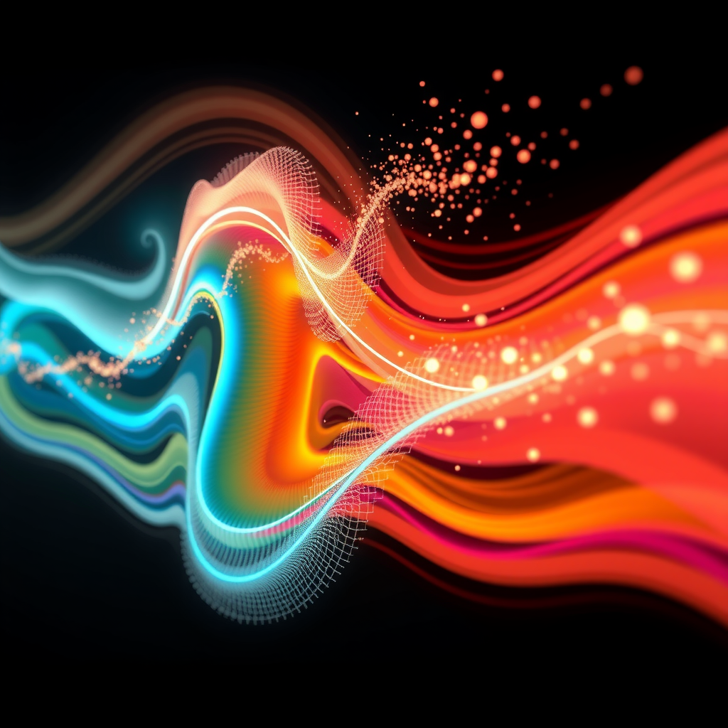 Visualization of hybrid motion representation combining Lagrangian particle tracking with Eulerian grid-based velocity fields, showing tracked particles as points overlaid on color-coded flow fields