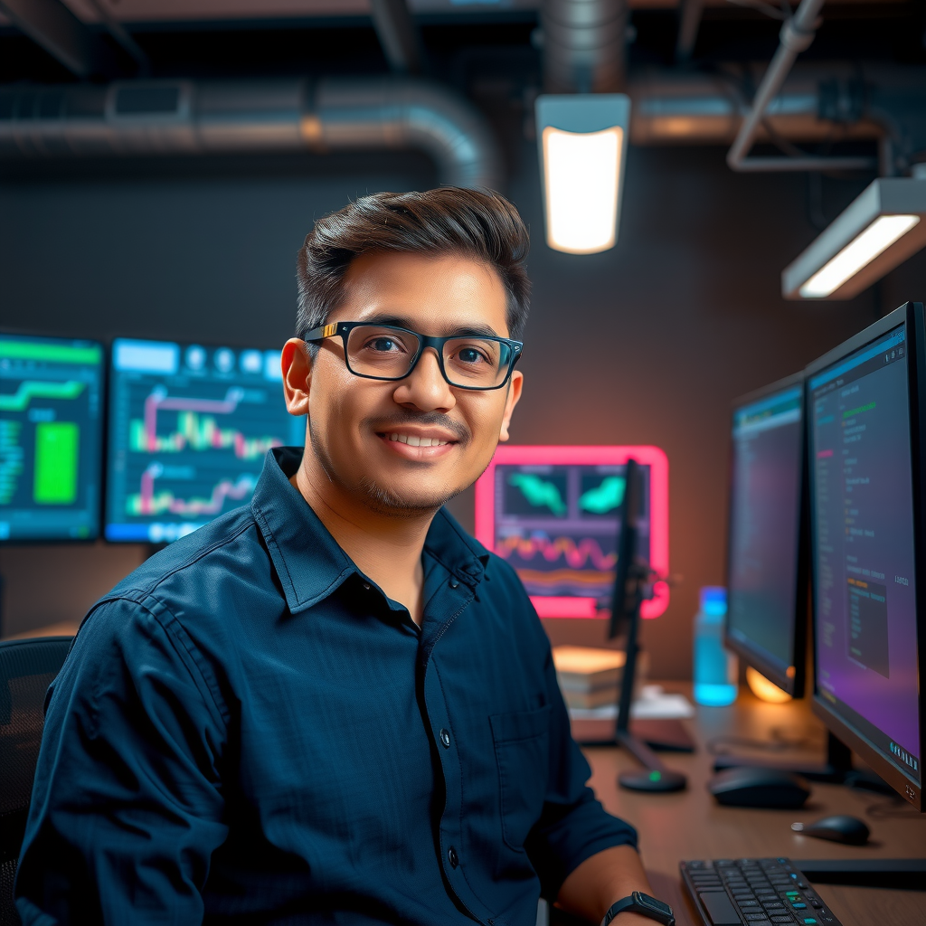 Marcus Rodriguez, Lead Engineer, in a technology workspace with multiple monitors