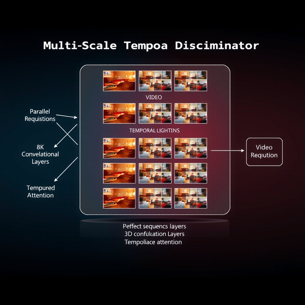 Architecture diagram of multi-scale temporal discriminator showing parallel processing paths analyzing video sequences at different temporal resolutions with 3D convolutional layers and temporal attention modules