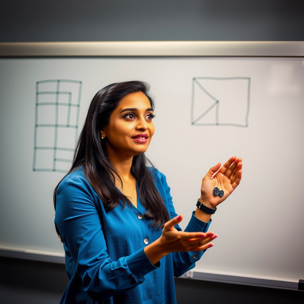 Dr. Aisha Patel, Education Lead, presenting at a whiteboard with technical diagrams