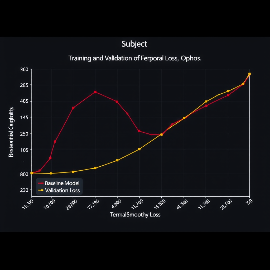 Line graph showing training and validation loss curves over epochs, comparing baseline model without temporal regularization versus model with temporal smoothness loss, demonstrating convergence behavior and final performance metrics with clear legends and axis labels