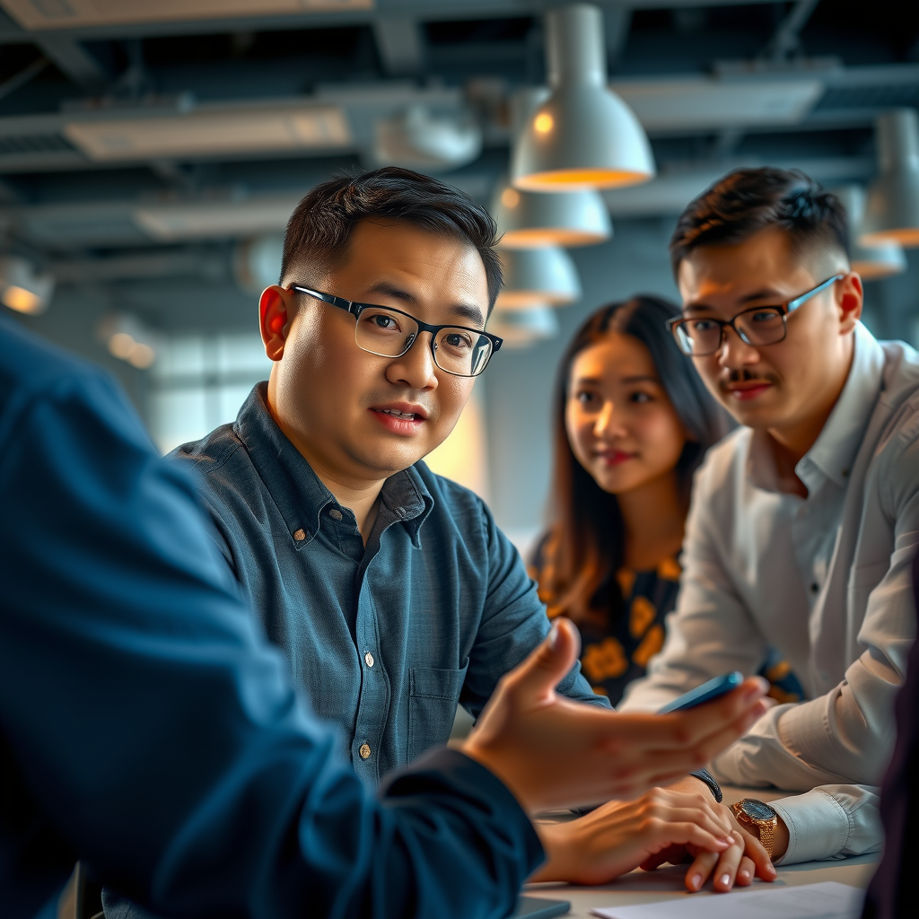 James Kim, Community Manager, engaging with team members in a collaborative workspace