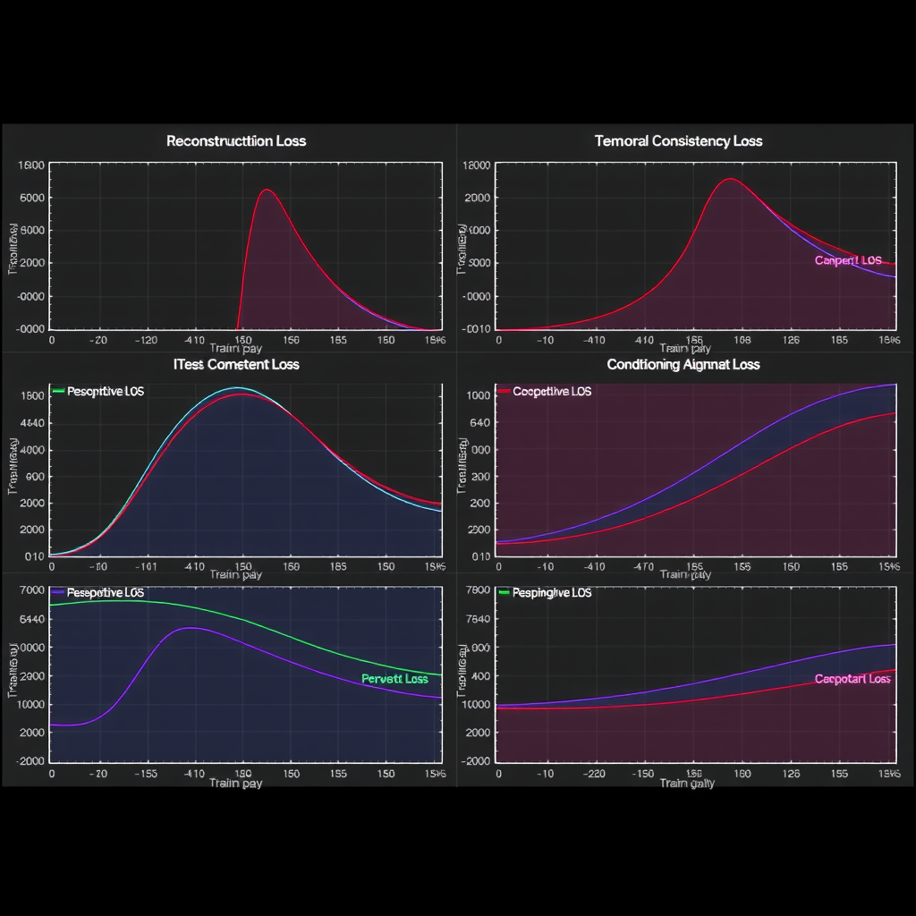 Comprehensive training visualization showing loss curves for different loss components over training iterations, with separate panels for reconstruction loss, perceptual loss, temporal consistency loss, and conditioning alignment loss, annotated with key training milestones